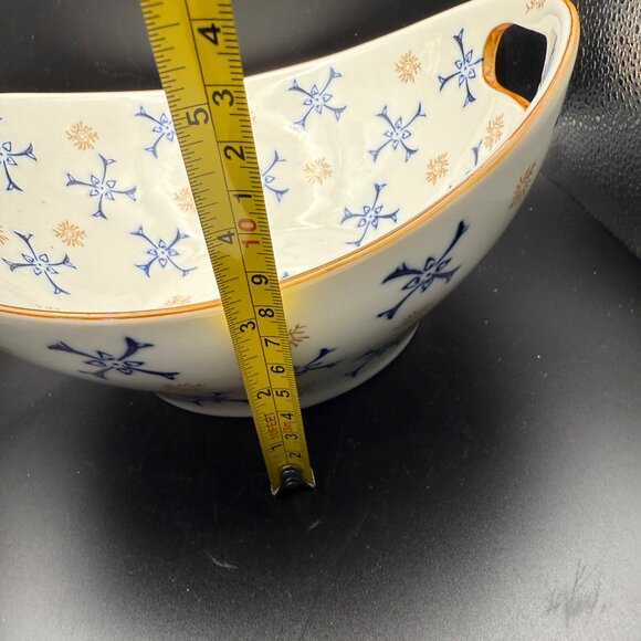 Temp-Tations Oval Ceramic Serving Bowl Handles Blue Gold Atomic Floral Pattern - Picture 9 of 10